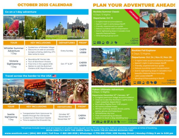 West Trek October Tours and Activities Calendar